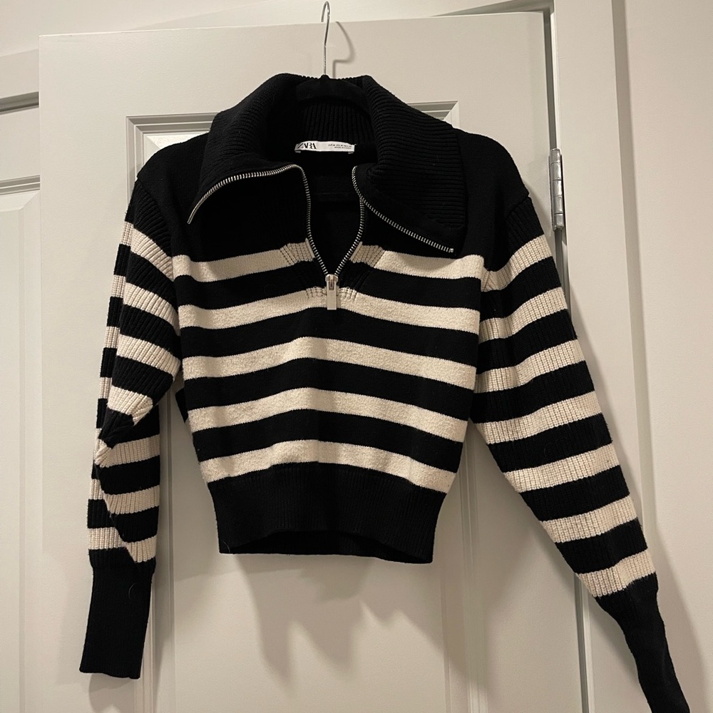 Zara Black and White Striped Half-Zip Turtleneck Sweater